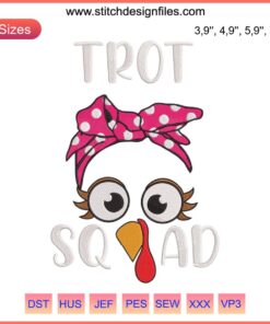 Turkey Face Bandana Trot Squad Embroidery design, festive Thanksgiving Day machine design file, perfect holiday decor accessory.