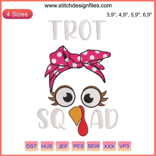Turkey Face Bandana Trot Squad Embroidery design, festive Thanksgiving Day machine design file, perfect holiday decor accessory.