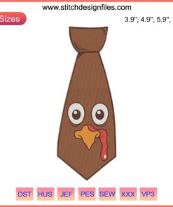 Cute turkey face tie embroidery design, perfect for funny Thanksgiving outfits; digital machine embroidery file.