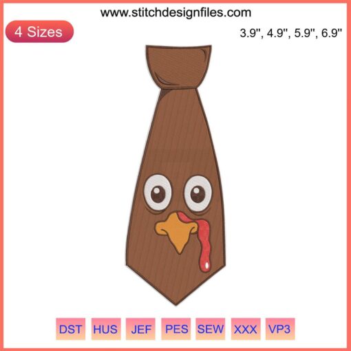 Cute turkey face tie embroidery design, perfect for funny Thanksgiving outfits; digital machine embroidery file.
