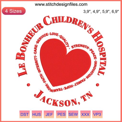 Le Bonheur Hospital Nurse Heart Embroidery Design File: Machine Stitch Pattern for Pediatric Care Apparel
