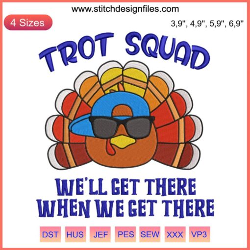Stylish Turkey Trot Squad Embroidery Design featuring a colorful turkey, perfect for festive Thanksgiving apparel.