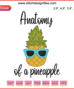 Humorous pineapple anatomy embroidery design, cute fruit gift, digital file showcasing quirky sections like "spiky crown" and "juicy core".