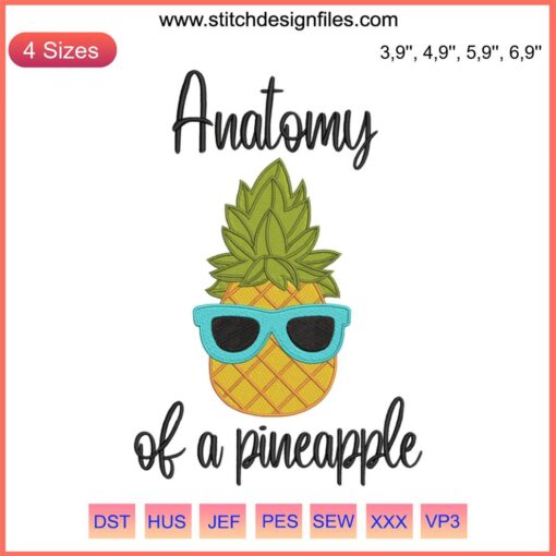 Humorous pineapple anatomy embroidery design, cute fruit gift, digital file showcasing quirky sections like "spiky crown" and "juicy core".