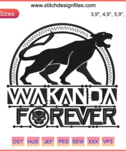 Black Panther Embroidery Design File features Wakanda Forever emblem from Marvel movie; ideal for Marvel fans and textile creators.