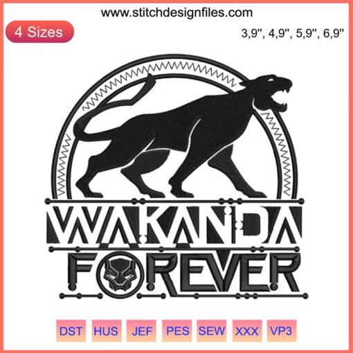 Black Panther Embroidery Design File features Wakanda Forever emblem from Marvel movie; ideal for Marvel fans and textile creators.