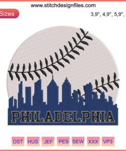 Philadelphia Cityscape Baseball Embroidery: Retro Skyline Design File, Vintage Machine Stitching, Philly Urban Decor