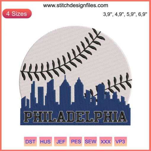 Philadelphia Cityscape Baseball Embroidery: Retro Skyline Design File, Vintage Machine Stitching, Philly Urban Decor