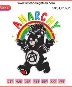 Cute embroidery of a bear with an anarchy symbol in vibrant rainbow colors; perfect gift for anarchist lovers.