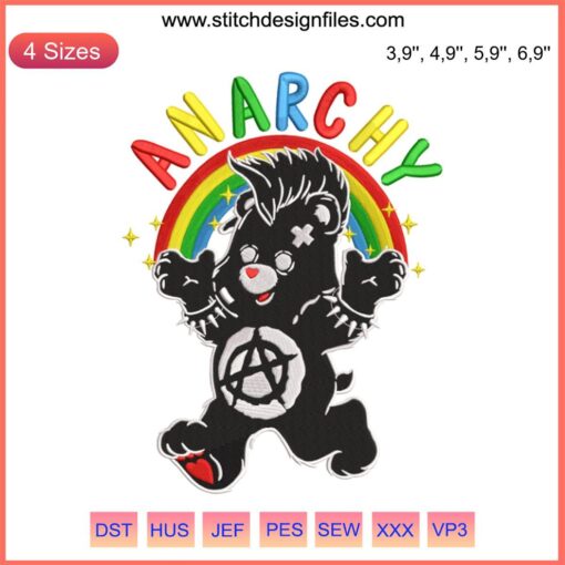 Cute embroidery of a bear with an anarchy symbol in vibrant rainbow colors; perfect gift for anarchist lovers.