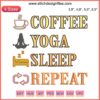 Embroidery design "Coffee Yoga Sleep Repeat" featuring whimsical text; perfect funny gift for yoga and coffee enthusiasts.