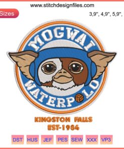 Gizmo Gremlins Mogwai Waterpolo Embroidery Design, Kingston Falls 1984, Machine-stitched, Vintage Pop Culture.