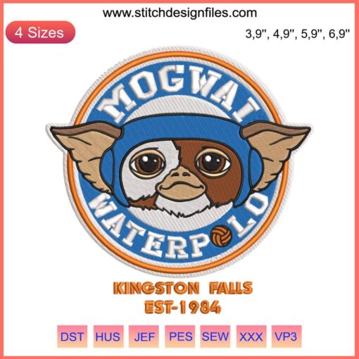 Gizmo Gremlins Mogwai Waterpolo Embroidery Design, Kingston Falls 1984, Machine-stitched, Vintage Pop Culture.