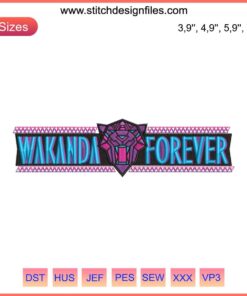 Marvel Black Panther Wakanda Forever embroidery design with stylized logo, ideal for machine embroidery projects.