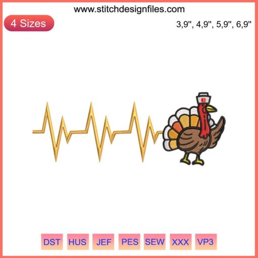 Thanksgiving Embroidery Design: Turkey with Nurse Hat, Heartbeat Line, Fall Theme - Perfect for Home Embroidery Machines