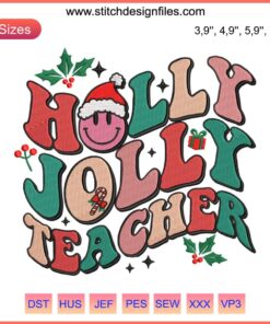 Festive embroidery with "Best Teacher" text, adorned with holly leaves and berries, perfect Christmas gift for educators.