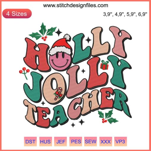 Festive embroidery with "Best Teacher" text, adorned with holly leaves and berries, perfect Christmas gift for educators.