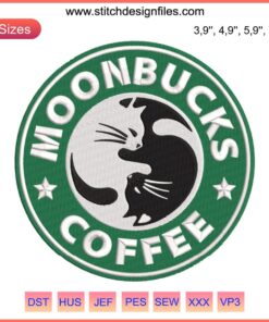 Cat Moon Coffee Trigram Embroidery Design | Moonbucks Starbucks-Inspired Digital File | Coffee Themed Embroidery Pattern
