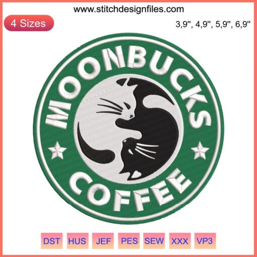 Cat Moon Coffee Trigram Embroidery Design | Moonbucks Starbucks-Inspired Digital File | Coffee Themed Embroidery Pattern