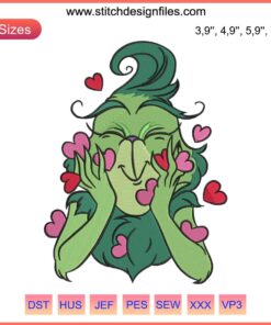 Grinch Valentine's Day Embroidery Design with Hearts, Perfect for Christmas Grinch Lovers, Machine Embroidery Pattern