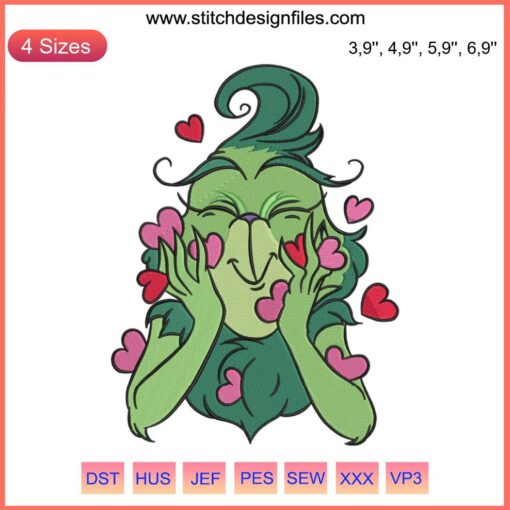 Grinch Valentine's Day Embroidery Design with Hearts, Perfect for Christmas Grinch Lovers, Machine Embroidery Pattern