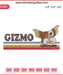 Retro Gizmo Gremlins 80’s Cult Movie Embroidery Design File with Vintage Stripes Pattern for Machine Embroidery Projects.