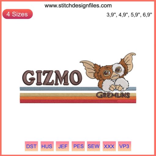 Retro Gizmo Gremlins 80’s Cult Movie Embroidery Design File with Vintage Stripes Pattern for Machine Embroidery Projects.