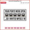Humorous "Your Ports Were Open" machine embroidery design, perfect for tech enthusiasts. Trending funny embroidery pattern.