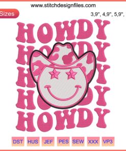 Cowboy Howdy Embroidery - Western Groovy Texas Cowgirl Retro Design, features colorful cowboy hat and text in playful, vintage style.