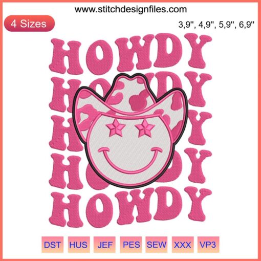 Cowboy Howdy Embroidery - Western Groovy Texas Cowgirl Retro Design, features colorful cowboy hat and text in playful, vintage style.