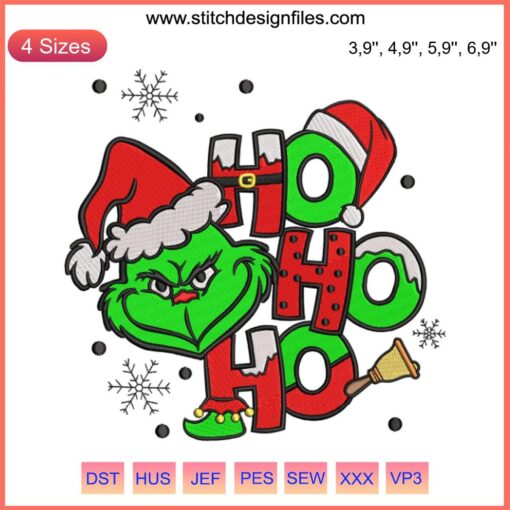 Grinch Santa Ho Ho Ho Embroidery Design | Christmas Machine File with Grinch, Santa Hat, and Festive Text.