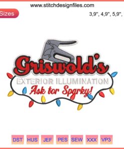 Griswolds Exterior Illumination Embroidery Design featuring colorful Christmas lights with "Ask For Sparky" text on sewing machine.