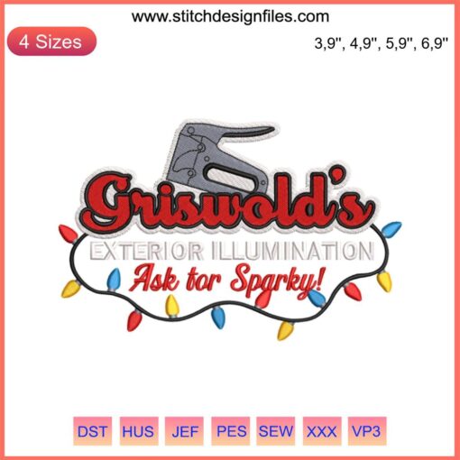 Griswolds Exterior Illumination Embroidery Design featuring colorful Christmas lights with "Ask For Sparky" text on sewing machine.