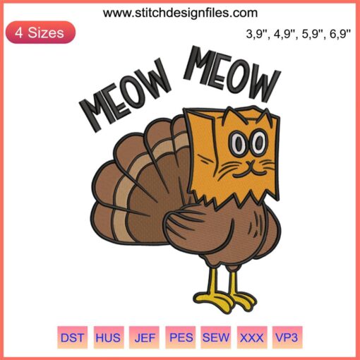 Funny Thanksgiving cat embroidery design with "Meow Turkey" text, featuring a playful cat illustration, ideal for the holiday season.