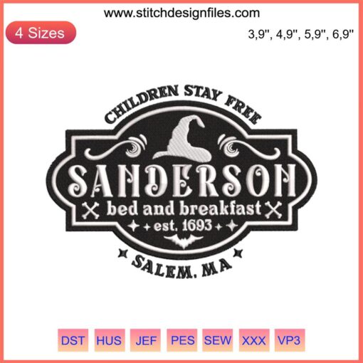 Children Stay Free Sanderson Embroidery: Halloween Bed & Breakfast Est. 1693 Design featuring haunted house and vintage style.