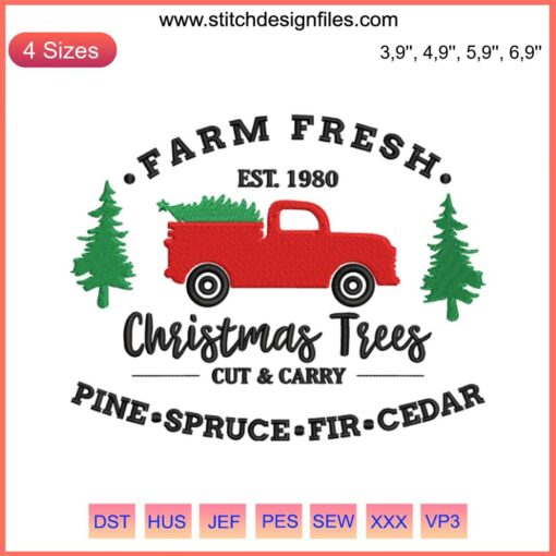 Red vintage truck with Christmas trees, "Farm Fresh Est. 1980" emblazoned, embroidery design file.