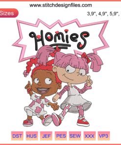 Colorful Homies Rugrats embroidery featuring WNBA Pinksicle theme, pairs with Jordan 5 Retro sneakers for trendy coordination.