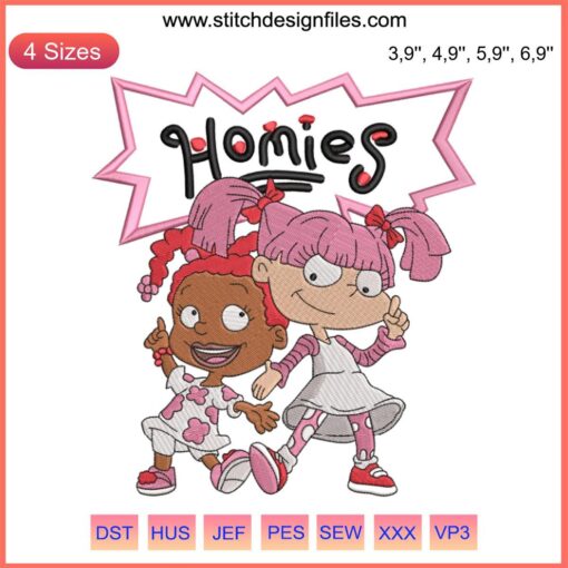 Colorful Homies Rugrats embroidery featuring WNBA Pinksicle theme, pairs with Jordan 5 Retro sneakers for trendy coordination.