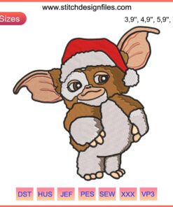 Gizmo wearing Santa hat Christmas embroidery design, Gremlin Santa machine file, festive holiday decoration pattern.