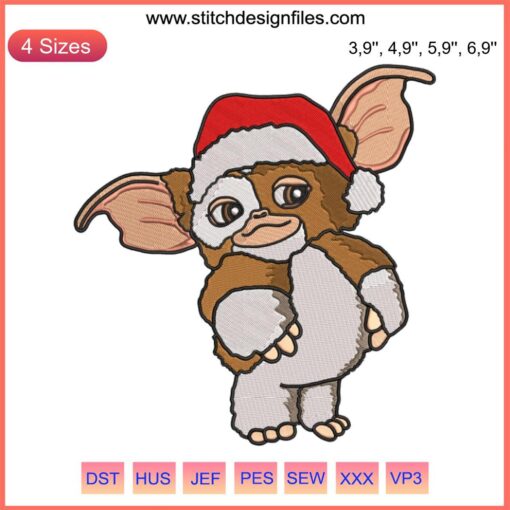 Gizmo wearing Santa hat Christmas embroidery design, Gremlin Santa machine file, festive holiday decoration pattern.