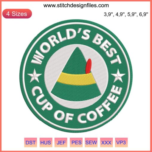 Elf Buddy Embroidery Design: "World’s Best Cup Of Coffee" Starbucks Christmas theme, digital machine embroidery pattern.