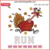Thanksgiving Turkey Trot Running Embroidery Design File featuring a festive turkey in motion, perfect for marathon-themed stitching projects.