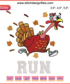 Thanksgiving Turkey Trot Running Embroidery Design File featuring a festive turkey in motion, perfect for marathon-themed stitching projects.