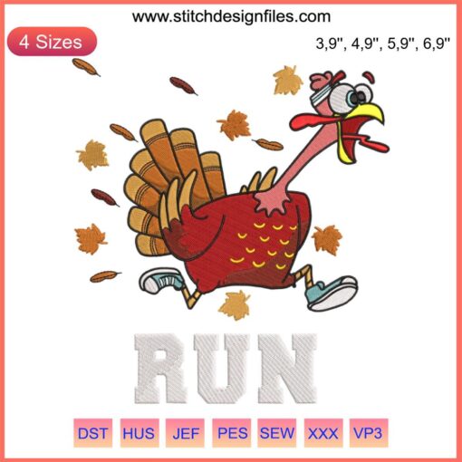 Thanksgiving Turkey Trot Running Embroidery Design File featuring a festive turkey in motion, perfect for marathon-themed stitching projects.
