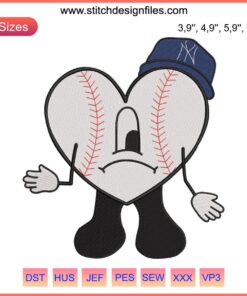 Bad Bunny Sad Heart Baseball Embroidery featuring New York Yankees design, vibrant sport-themed machine embroidery pattern.