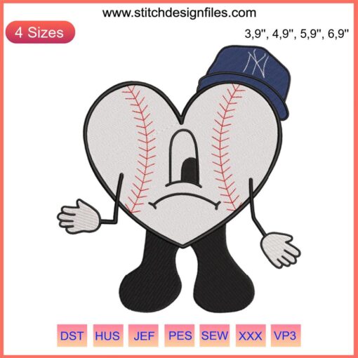 Bad Bunny Sad Heart Baseball Embroidery featuring New York Yankees design, vibrant sport-themed machine embroidery pattern.