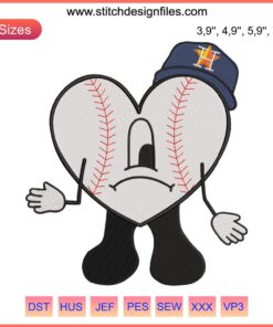 Baseball Bad Bunny Sad Heart Embroidery featuring Houston Astros logo, vibrant sport machine design on fabric.