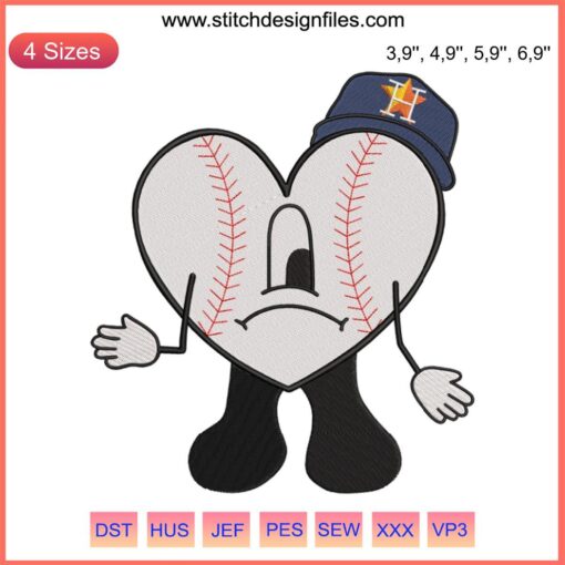 Baseball Bad Bunny Sad Heart Embroidery featuring Houston Astros logo, vibrant sport machine design on fabric.