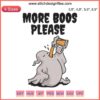 Embroidery design of a ghost drinking beer with text "More Boos Please", perfect for a humorous Halloween theme.