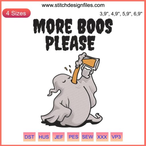 Embroidery design of a ghost drinking beer with text "More Boos Please", perfect for a humorous Halloween theme.